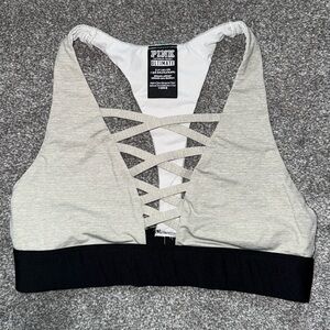 Victoria’s secret pink ultimate spots bra, light gray with black bottom strap